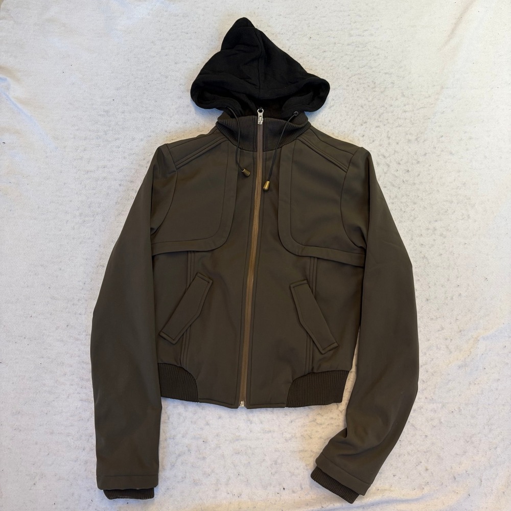 Satim Hooded Bomber Jacket Womens Small Olive Green Full Zip Ribbed Trim